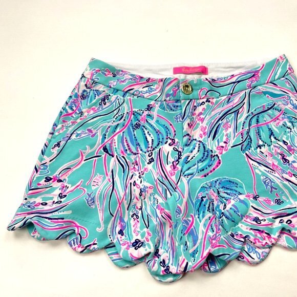 Lilly Pulitzer Buttercup Knit Shorts Women 0 EUC‎ Stretched Pockets Scalloped - Picture 10 of 13